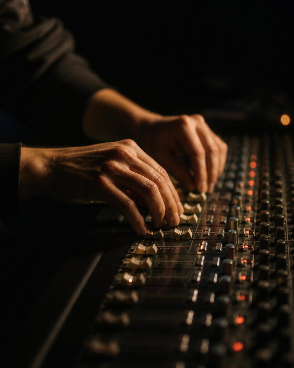 Christian Acevedo adjusting faders during a mix